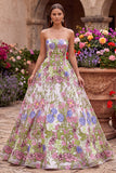 Roze bloemenborduursel strapless A-lijn lange galajurk