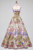 Roze bloemenborduursel strapless A-lijn lange galajurk