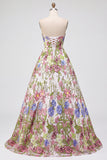Roze bloemenborduursel strapless A-lijn lange galajurk