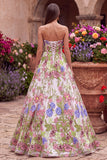 Roze bloemenborduursel strapless A-lijn lange galajurk
