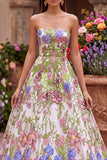 Roze bloemenborduursel strapless A-lijn lange galajurk