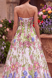 Roze bloemenborduursel strapless A-lijn lange galajurk