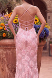 Roze pailletten zeemeermin 3D bloemenapplicaties Spaghetti bandjes lange galajurk met split