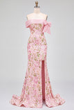 Off-the-shoulder zeemeermin bloemenborduurde roze galajurk met zijsplit