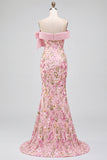Off-the-shoulder zeemeermin bloemenborduurde roze galajurk met zijsplit