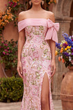 Off-the-shoulder zeemeermin bloemenborduurde roze galajurk met zijsplit
