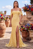 Gele zeemeermin off-shoulder pailletten galajurk met split