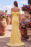Gele zeemeermin off-shoulder pailletten galajurk met split
