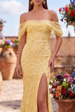 Gele zeemeermin off-shoulder pailletten galajurk met split