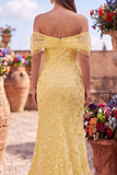 Gele zeemeermin off-shoulder pailletten galajurk met split