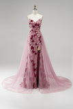 Roze pailletten zeemeermin strapless afneembare tule gedrapeerde lange galajurk met split