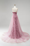 Roze pailletten zeemeermin strapless afneembare tule gedrapeerde lange galajurk met split