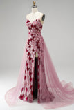 Roze pailletten zeemeermin strapless afneembare tule gedrapeerde lange galajurk met split