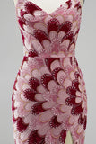 Roze pailletten zeemeermin strapless afneembare tule gedrapeerde lange galajurk met split