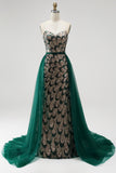 Donkergroene meermin pailletten strapless kralenjurk met lange verkiezingsjurk met afneembare tule drapering