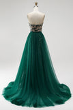 Donkergroene meermin pailletten strapless kralenjurk met lange verkiezingsjurk met afneembare tule drapering
