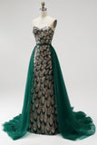 Donkergroene meermin pailletten strapless kralenjurk met lange verkiezingsjurk met afneembare tule drapering