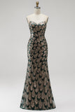 Donkergroene meermin pailletten strapless kralenjurk met lange verkiezingsjurk met afneembare tule drapering