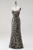 Donkergroene meermin pailletten strapless kralenjurk met lange verkiezingsjurk met afneembare tule drapering