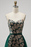 Donkergroene meermin pailletten strapless kralenjurk met lange verkiezingsjurk met afneembare tule drapering