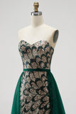 Donkergroene meermin pailletten strapless kralenjurk met lange verkiezingsjurk met afneembare tule drapering