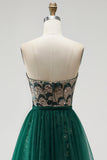 Donkergroene meermin pailletten strapless kralenjurk met lange verkiezingsjurk met afneembare tule drapering