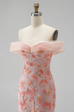 Roze off-the-shoulder zeemeermin-applicaties pailletten lange galajurk met kralen