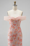 Roze off-the-shoulder zeemeermin-applicaties pailletten lange galajurk met kralen