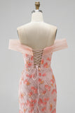 Roze off-the-shoulder zeemeermin-applicaties pailletten lange galajurk met kralen