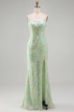 Glinsterende mintgroene strapless zeemeermin met kralen besettede pailletten lange galajurk met split