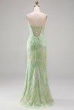 Glinsterende mintgroene strapless zeemeermin met kralen besettede pailletten lange galajurk met split