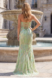 Glinsterende mintgroene strapless zeemeermin met kralen besettede pailletten lange galajurk met split