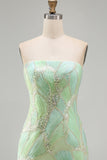 Glinsterende mintgroene strapless zeemeermin met kralen besettede pailletten lange galajurk met split