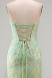 Glinsterende mintgroene strapless zeemeermin met kralen besettede pailletten lange galajurk met split