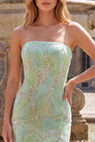 Glinsterende mintgroene strapless zeemeermin met kralen besettede pailletten lange galajurk met split