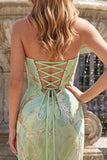 Glinsterende mintgroene strapless zeemeermin met kralen besettede pailletten lange galajurk met split