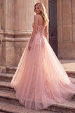 Roze A-lijn geborduurde pailletten strapless lange galajurk met tule drapering