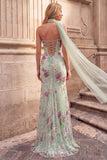 Lichtgroene zeemeermin-pailletten bloemige, strapless lange galajurk met chiffon-sjerp