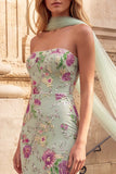 Lichtgroene zeemeermin-pailletten bloemige, strapless lange galajurk met chiffon-sjerp