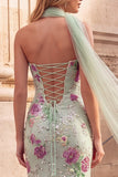 Lichtgroene zeemeermin-pailletten bloemige, strapless lange galajurk met chiffon-sjerp