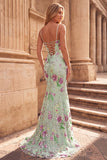 Lichtgroene meermin V-hals pailletten met kralenbezette lange galajurk met split