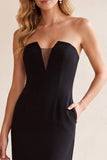Zwarte schede V-hals strapless mesh midi trouwjurk met zakken