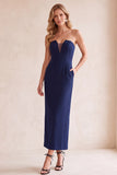 Zwarte schede V-hals strapless mesh midi trouwjurk met zakken