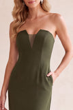 Zwarte schede V-hals strapless mesh midi trouwjurk met zakken
