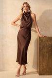 Chocolade Zeemeermin Cowl Neck Satijn Midi Trouw Gastjurk