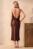 Chocolade Zeemeermin Cowl Neck Satijn Midi Trouw Gastjurk