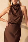 Chocolade Zeemeermin Cowl Neck Satijn Midi Trouw Gastjurk