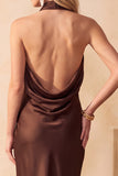 Chocolade Zeemeermin Cowl Neck Satijn Midi Trouw Gastjurk