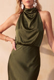 Chocolade Zeemeermin Cowl Neck Satijn Midi Trouw Gastjurk