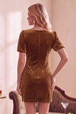 Donkergroene fluwelen bodycon V-hals pof korte mouwen korte kerstjurk met strik
